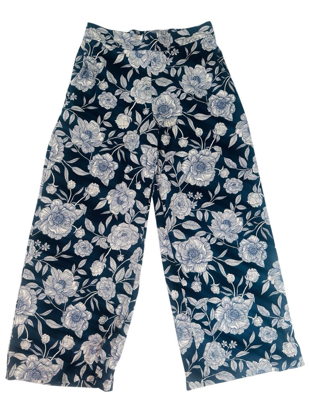 Three Dots Navy Tropical Floral Wide Leg Pants